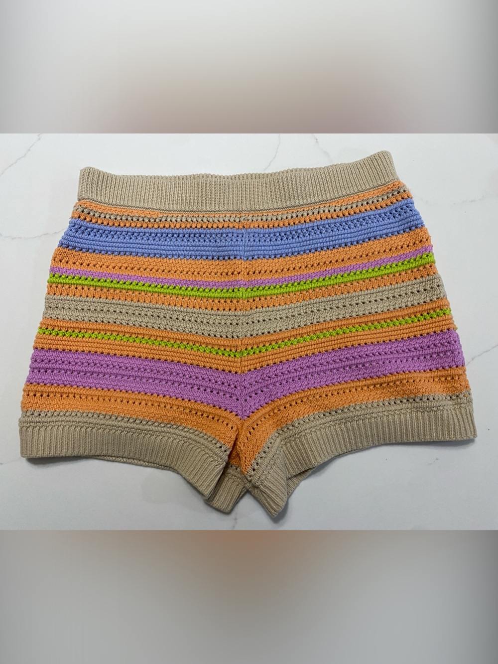 ROYALTY By Maluma Crochet Knit Shorts in Beige with Multicolor Stripes